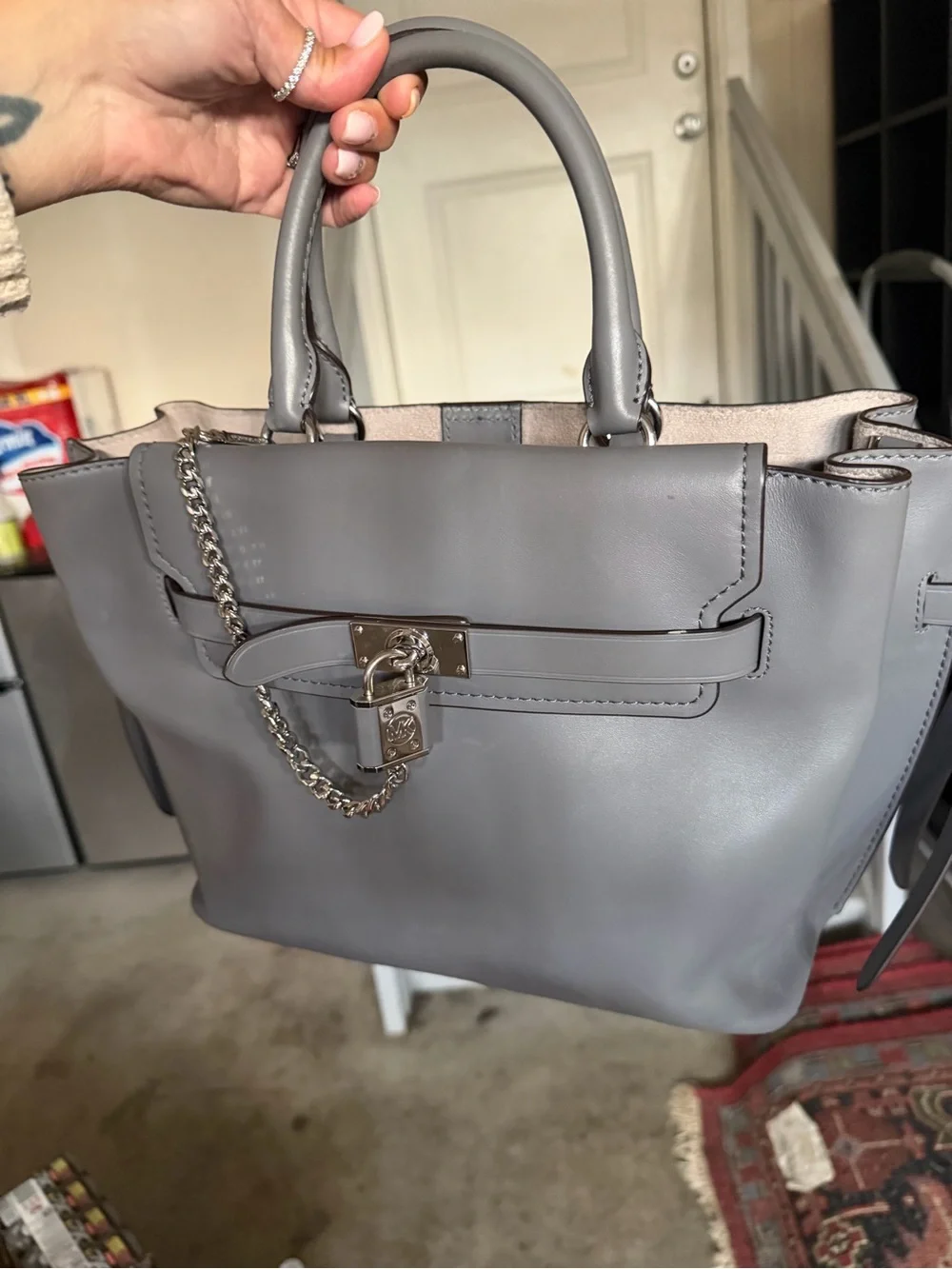 Auth Michael Kors Gray Top-Handle Satchel with Chain Lock Accent